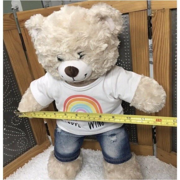 Build A Bear Happy Hugs Tan Swirl Plush Cozy Teddy Bear 16" Rainbow Shirt Jeans - Picture 11 of 11